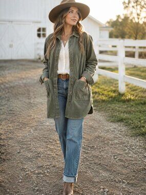 GAP Corduroy Button Front Long Jacket Medium Utility Chore Barn Chic Granola